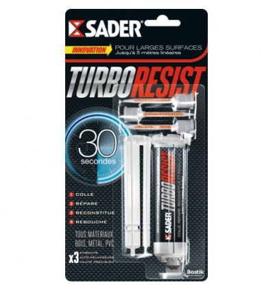 Colle bi-composant multi-matériaux SADER TURBO RESIST® 10 g et 3 embouts auto-mélangeurs