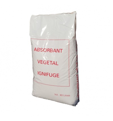 Absorbant végétal ignifugé, absorbe 420% et 350% de son poids en eau et gasoil et 80% en volume, sac de 40l