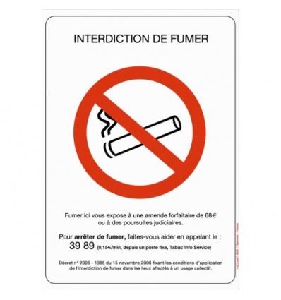 Panneau rigide réglementation anti-tabac ''Interdiction de fumer'', dimensions 148 x 210 mm