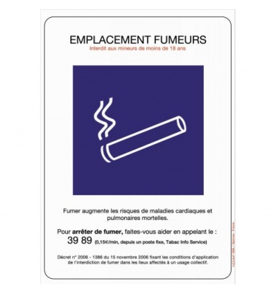 Panneau adhésif réglementation anti-tabac ''Emplacement fumeurs'', dimensions 148 x 210 mm