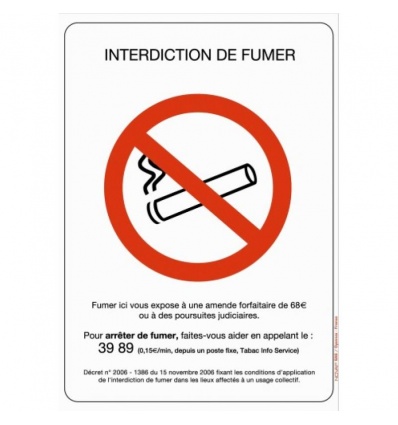 Panneau rigide réglementation antitabac Interdiction de fumer dimensions 210 x 297 mm