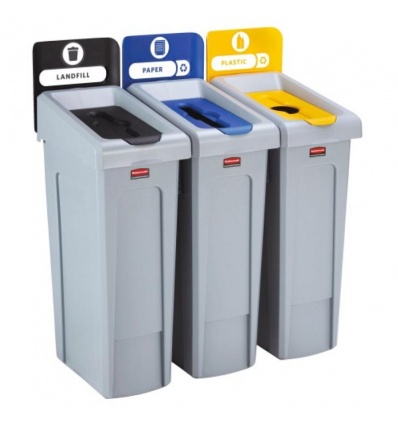 Station recyclage 3flux Décharge non recyclables NOIRPapier BLEUBouteilles plastique et canettes JAUNE