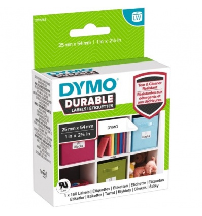 Étiquettes DYMO LW résistantes plastifiées blanc 25x54mm noir sur fond blanc rouleau de 161 étiquettes